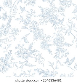 Vector blue flowers with peony and birds.