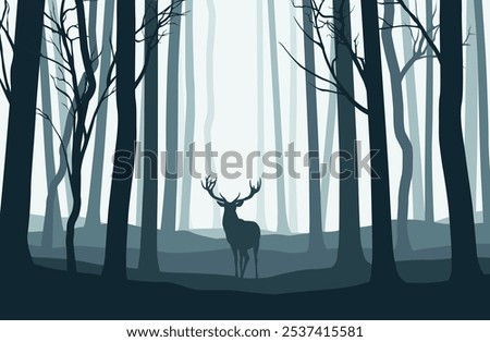 Vector blue forest landscape with silhouettes of trees and deer	
