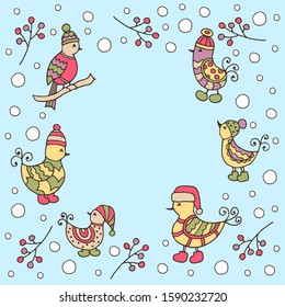 Vector blue frame with hand-drawn funny cute birds in Christmas hats, winter berries, for the design of children's cards and books