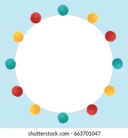Vector Blue Frame Vibrant Birthday Party Pom Poms Circle Set and Round Backdrop Background. Great for handmade cards, invitations, wallpaper, packaging, nursery designs.