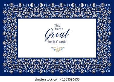 Vector blue frame, vignette, border, card design template. Elements in Eastern style. Floral borders, premade card. Arabic ornament. Isolated ornaments. Ornamental decor for invitations, cards.