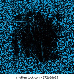Vector blue framing with monochromatic musical notes on dark frayed background.