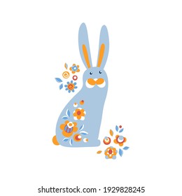 vector blue funny animal hare flower folklore pattern rabbit childish illustration for textile paper cloth