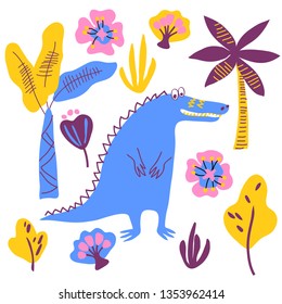 vector blue funny cute cartoon crocodile alligator  illustration with palm flowers set on white