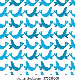 Vector blue fur seals seamless pattern on white background. Simple form. Cartoons flat style. Water cute blue animals. Print for kids clothes, childish fun textile 