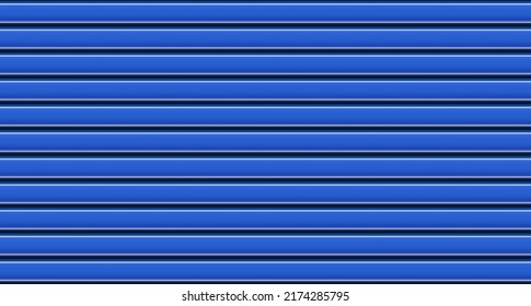 Vector blue garage door. Horizontal lines, metal siding roof. Plastic siding wall. Outside home decoration. Linear zinc warehouse texture. Grooved metal sheetю. Plastic plate row. Seamless pattern