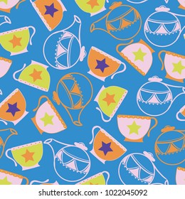 Vector blue garden tea party seamless pattern background. Perfect for scrapbooking, fabric, wallpaper, crafty projects.