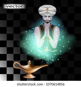 Vector. The blue Genie from a magic lamp. Magic Genie from the old Golden fairy lamp. The tale of Aladdin. Fulfillment of desires, dreams. Realistic illustration. Isolated on background.