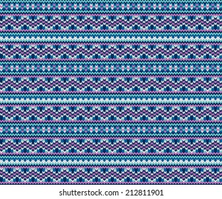 Vector blue geometric seamless knitted pattern in ethnic style