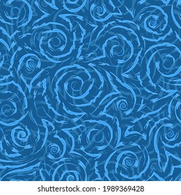 Vector blue geometric seamless pattern of flowing spirals curls and corners.Vector nautical geometric seamless texture of smooth and broken lines.Stylized blue pattern of water flow or waves.