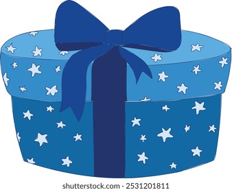 Caja de regalo azul Vector con lazo de cinta azul y estrellas. Caja de sorpresa de vacaciones de vuelo. Regalo festivo. Para Anuncios publicitarios, Navidades alegres, tarjetas de cumpleaños. Aislado en blanco.