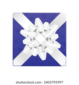 Vector blue gift box with silver bow ribbon, top view on white background.