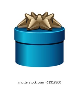 Vector blue gift cylinder box with glossy gold bow. Eps 10.