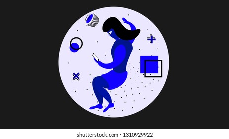 Vector blue girl using smartphone, modern illustration, with geometric design elements on dark background
