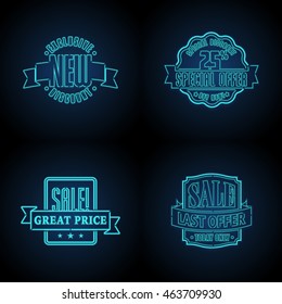 vector blue glow neon modern template set of sale discount offer and quality product logo classic night group isolated special black pile digital modern nocturnal sign warehouse business blue glow fan