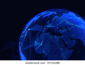 Vector blue glowing earth close up with polygonal grid and shining points - network global connection concept