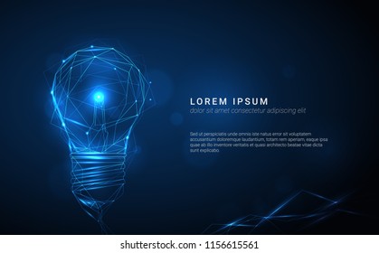 Vector blue glowing light bulb made of polygonal lines on dark background - innovation, technology, creativity