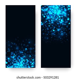 Vector blue glowing light glitter abstract background. Magic glow light effect. Star burst with sparkles on black background. Christmas or new year banners set