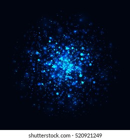 Vector blue glowing light glitter abstract background. Magic glow light effect. Star burst with sparkles on black background