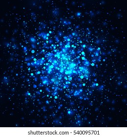 Vector blue glowing light glitter background. Christmas magic lights background. Star burst with sparkles on black background