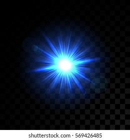 Luces brillantes azules vectoriales en fondo transparente. Rayos de luz de efecto especial. Chispa, estallido estrella, flash. Un foco de atención. Iluminación.