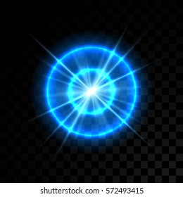 Vector blue glowing lights on transparent background. Special effect light rays. Spark, star burst, flash. Spotlight flare. Illumination.