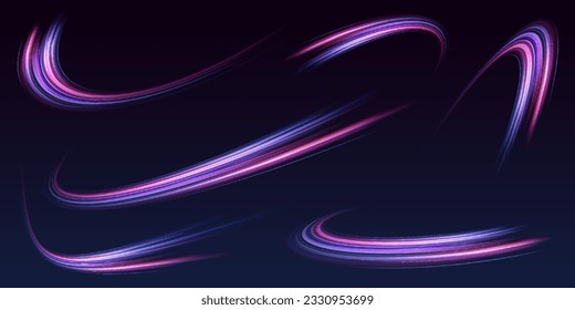 Vector blue glowing lines air flow effect. Speed connection vector background. Database fast data transfer acceleration. Big data traffic visualization, dynamic high speed data streaming traffic.	