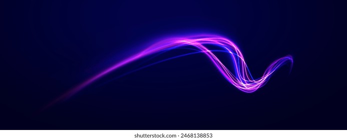 Vector blue glowing lines air flow effect. Speed connection vector background. Database fast data transfer acceleration. Big data traffic visualization, dynamic high speed data streaming traffic.