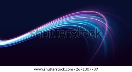 Vector blue glowing lines air flow effect. Speed connection vector background. Database fast data transfer acceleration. Big data traffic visualization, dynamic high speed data streaming traffic.	
