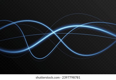 Vector blue glowing lines png. Magic lines of light. Speedy twisted lines. Light trail, glowing waves. Movement of energy flow. Light effect. PNG.