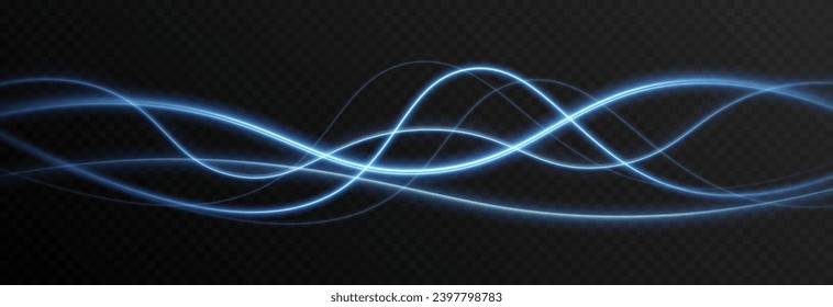 Vector blue glowing lines png. Magic lines of light. Speedy twisted lines. Light trail, glowing waves. Movement of energy flow. Light effect. PNG.