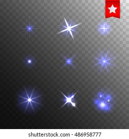 Vector blue glowing set of spot light effect. Decorative sparkling stars illumination. Shining sources. 
