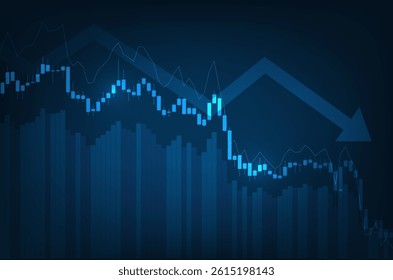 Vector blue glowing stock market fall chart - investment, global economics, cryptocurrency, trading, bear market, crisis