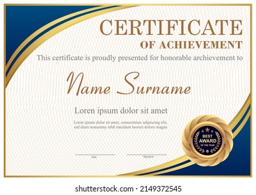 Plantilla de certificado azul y oro de vectores