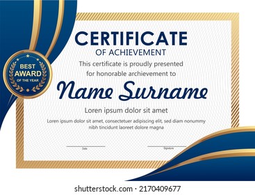 Vector Blue Gold Certificate Template Stock Vector (Royalty Free ...