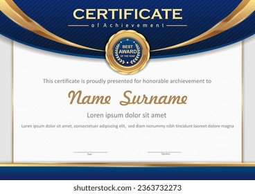 Plantilla de certificado azul y oro de vectores