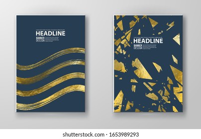 Vector Blue and Gold Design Templates for Brochures, Flyers, Mobile Technologies, Applications, Online Services, Typographic Emblems, Logo, Banners and Infographic. Golden Abstract Modern Background.