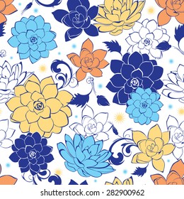 Vector blue gold flowers seamless pattern