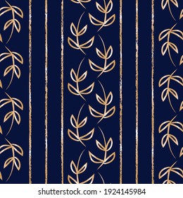 Vector blue gold laurel leaves seamless pattern