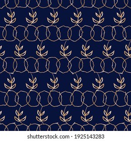 Vector blue gold leaves circles seamless pattern