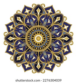 Mandala azul vectorial y dorada. Elemento de diseño redondeado oriental para cualquier superficie. 