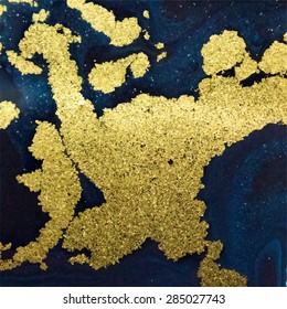 Vector blue and gold marbling background. Golden marbling texture. Liquid marble pattern.