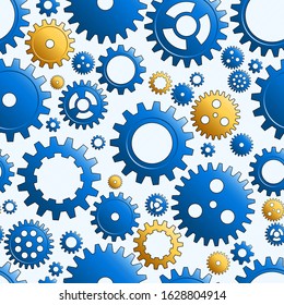 Vector Blue And Gold Mechanical Cogwheel Seamless Pattern. Gear And Cog Site Background. Collection Of Clockwork Gear Wheels, Different Configuration. Volumetric Icons, Different Configuration.