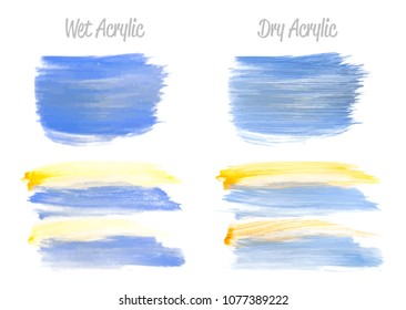 Vector blue and gold paint smear stroke stain set. Abstract gold glittering textured art illustration. Gold Texture Paint Stain Illustration. Hand drawn brush strokes vector elements. Acrilyc strokes.