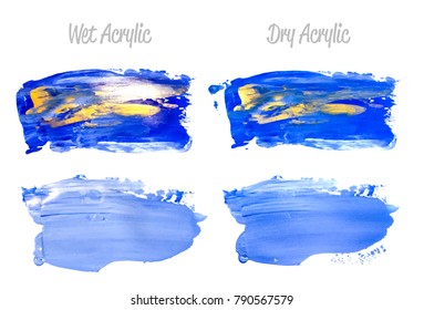 Vector Blue And Gold Paint Smear Stroke Stain Set. Abstract Gold Glittering Textured Art Illustration. Gold Texture Paint Stain Illustration. Hand Drawn Brush Strokes Vector Elements. Acrilyc Strokes.