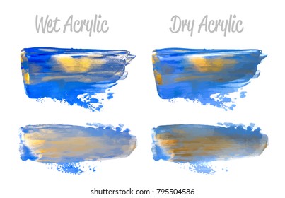 Vector blue and gold paint smear stroke stain set. Abstract gold glittering textured art illustration. Gold Texture Paint Stain Illustration. Hand drawn brush strokes vector elements. Acrilyc strokes.