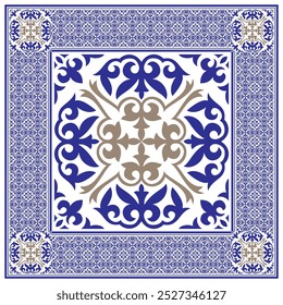 Vetor azul, ouro ornamento nacional sem costura. Padrão étnico dos povos nômades da grande estepe, cazaque, marroquino, turco, mongol, quirguiz, buryat. Design de cerâmica, azulejo azulejo, borda, sandblast