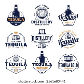 Vector blue and gold tequila logo. Tequila and distilling business branding and identity design elements