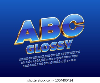 Fuente 3D chic vectorial azul y dorada. Letras, números y símbolos de alfabeto girados y elegantes.