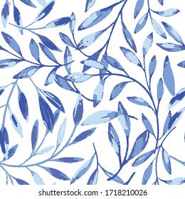 Vector Blue Gouache Textured Leaves Seamless Pattern